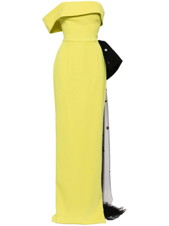 Crepe off-shoulder dress with a tulle bow and tail on the back