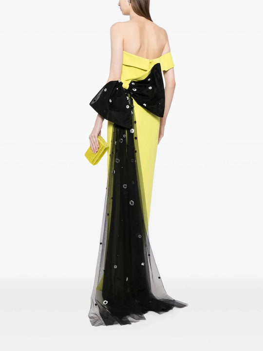 Crepe off-shoulder dress with a tulle bow and tail on the back