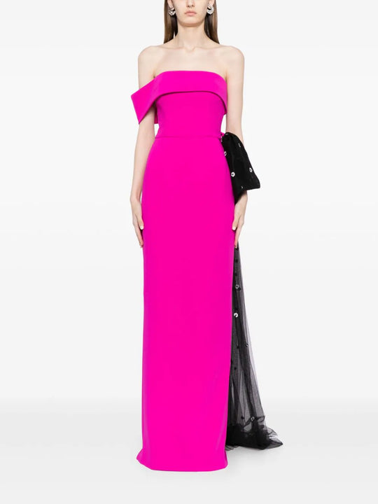 Crepe off-shoulder dress with a tulle bow and tail on the back