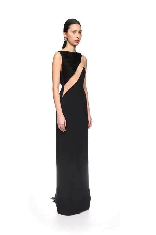 DRAPED CHEST DETAIL TULLE INSERT GOWN