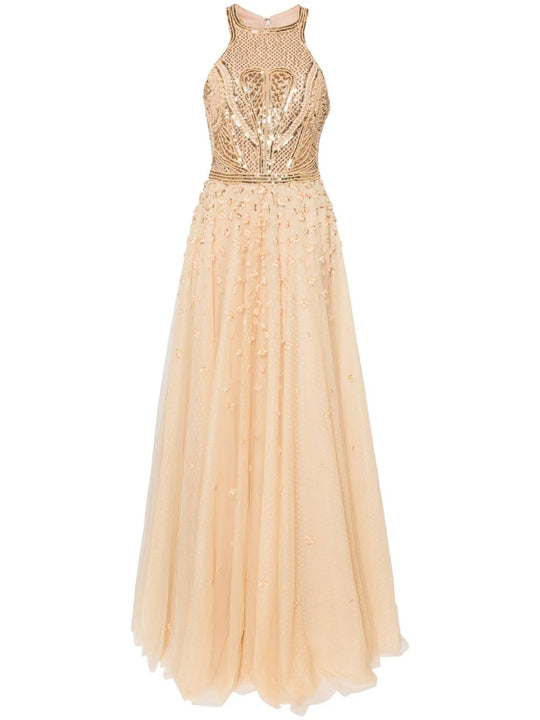 Tulle beaded dress with halter neckline