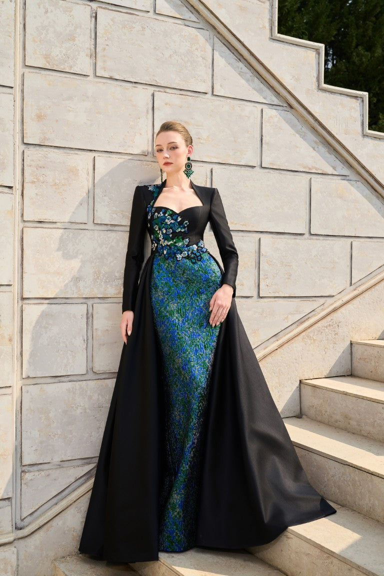 Black Couture Gown with Blue Embellished Bodice