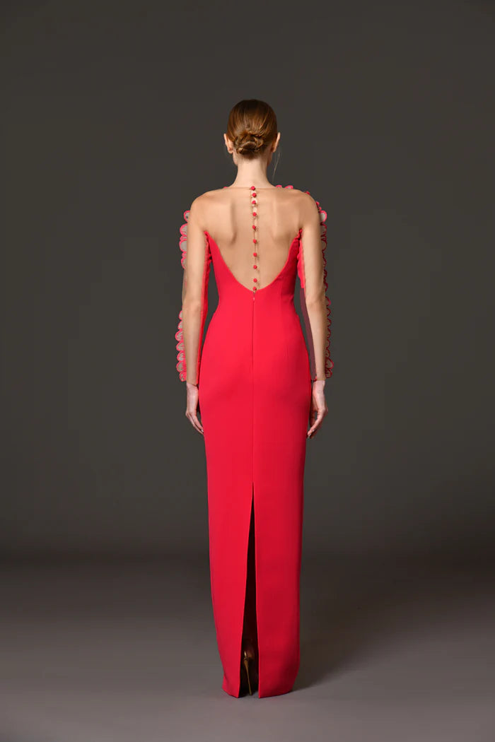 Red crêpe dress with thread embroidered daisy petals from neckline to sleeve