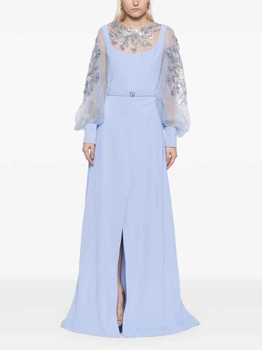Crepe dress with envelope skirt and a beaded top and sleeves