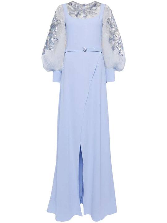 Crepe dress with envelope skirt and a beaded top and sleeves