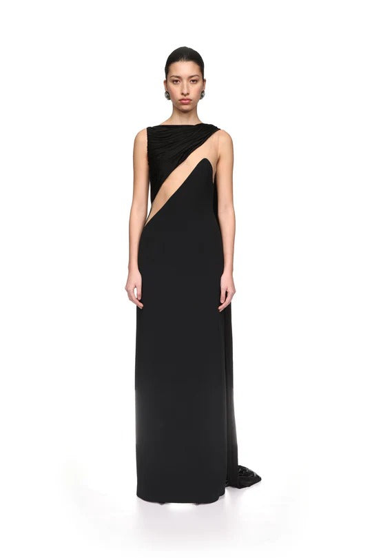 DRAPED CHEST DETAIL TULLE INSERT GOWN