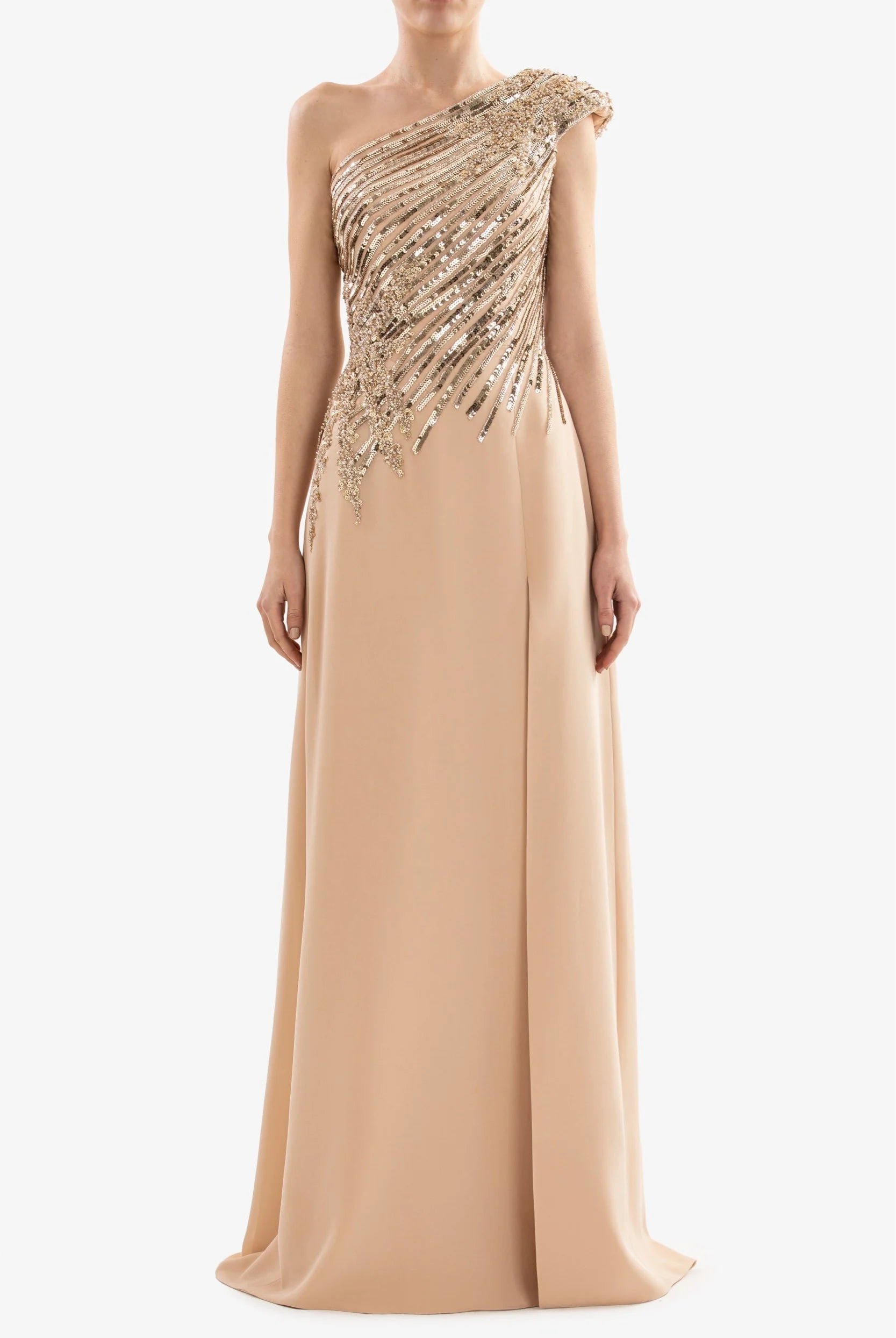 One-shoulder Dress with Cascading Gold Sequins