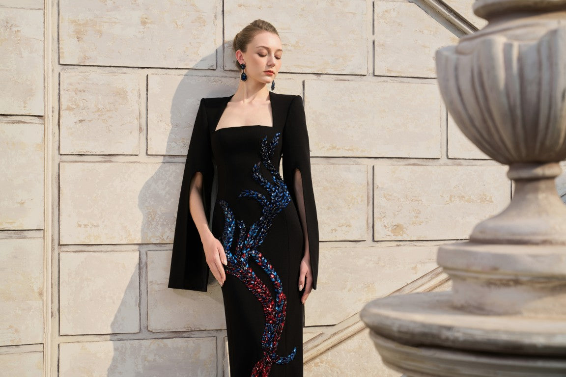 Elegant Black Sequin Evening Gown with Cape Sleeves – TRACY STUDIO