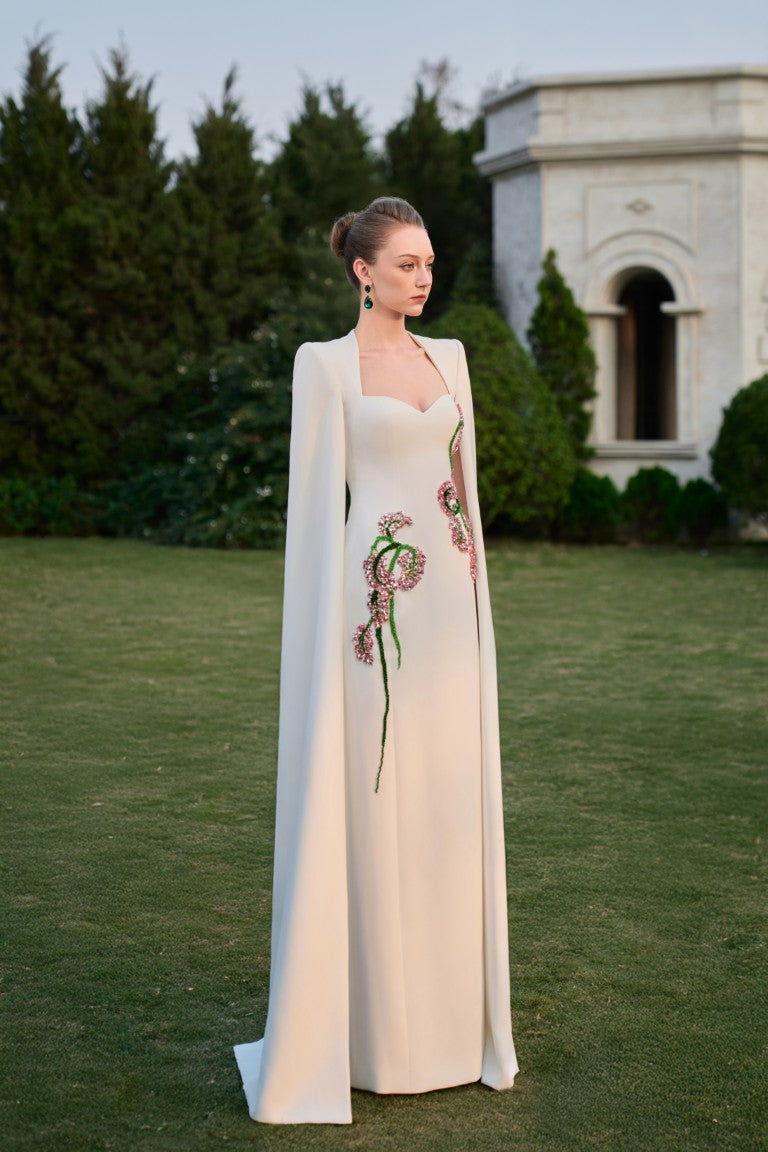 White Couture Gown with Floral Embellishments